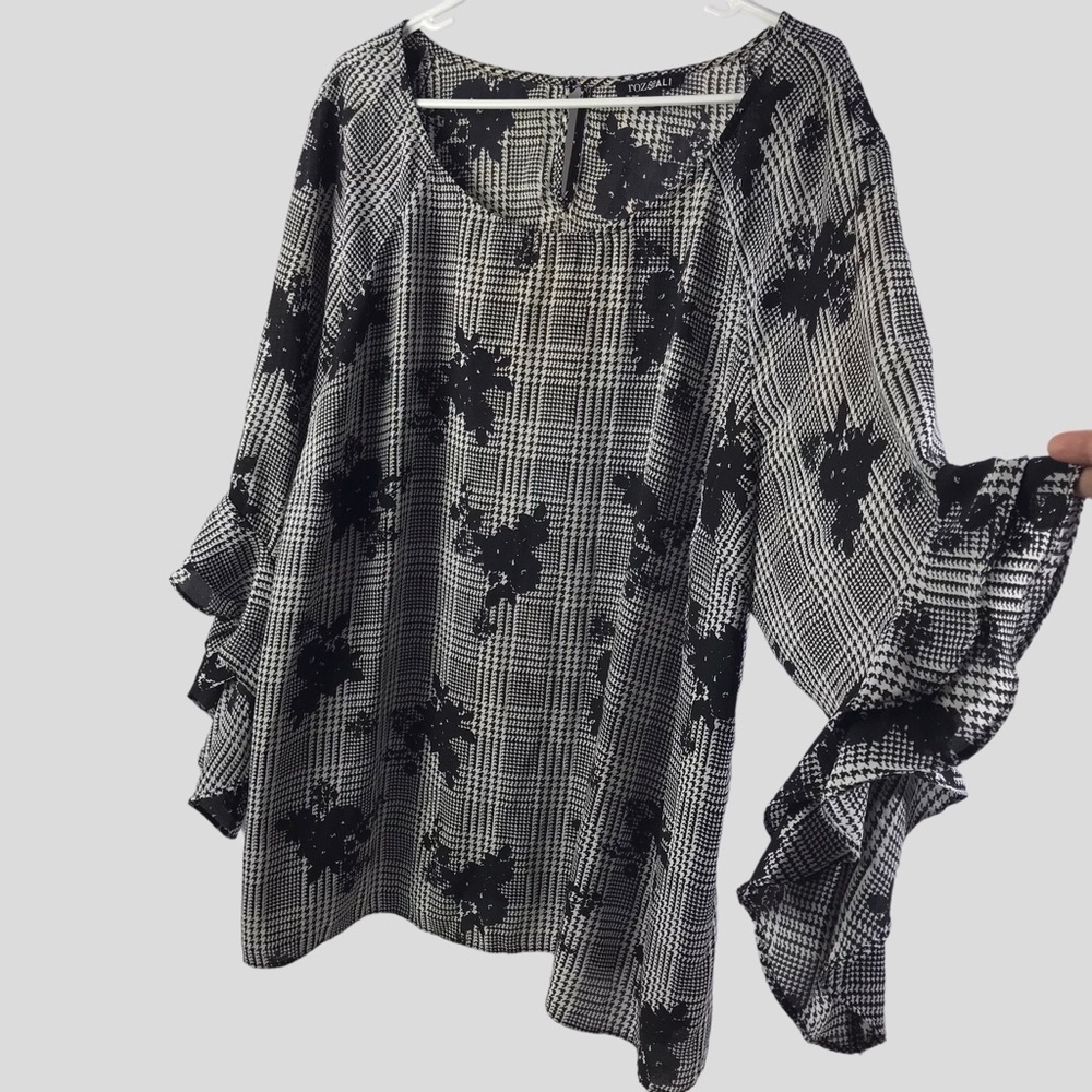 Roz & Ali Women's Plus Size 3X Blouse Top plaid Floral Print Black White ,